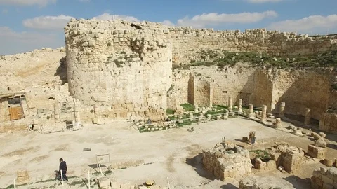 Aerial view inside the ruins of palace fortress of Herodium. Israel. DJI-0143-10 Vídeo Stock 123738930