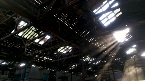 Aerial view inside of a scenic abandoned warehouse. Stock Footage 148987633