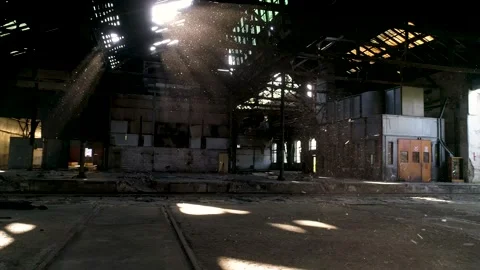 Aerial view inside of a scenic abandoned warehouse. Stock Footage 148987657