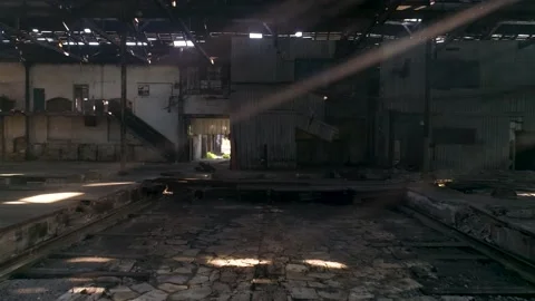 Aerial view inside of a scenic abandoned warehouse. Stock Footage 148987748