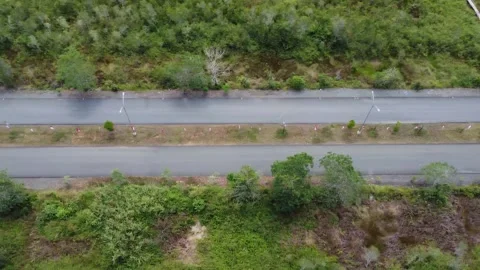 Aerial view of the installation of 5000 red and white flags in order to cel.. Stock Footage 247633553
