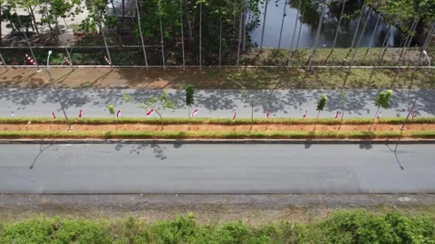 Aerial view of the installation of 5000 red and white flags in order to cel.. Stock Footage 247634164