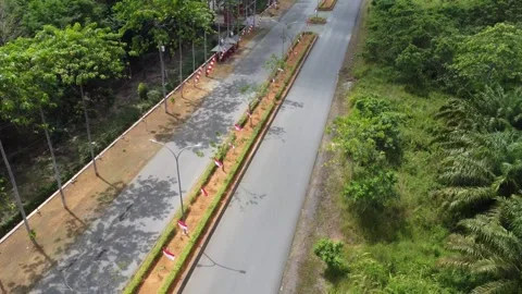 Aerial view of the installation of 5000 red and white flags in order to cel.. Stock Footage 247634551