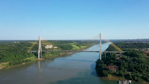 Aerial view of the Integration bridge between Paraguay and Brazil. Stockbeeldmateriaal 313088706