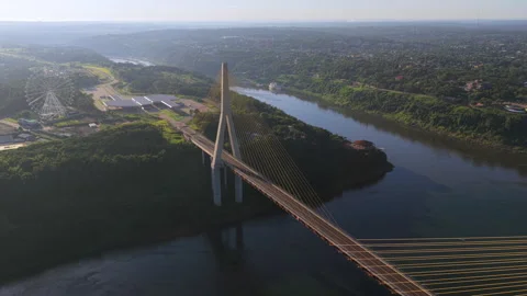 Aerial view of Integration Bridge Over Parana River at Triple Frontier 스톡 동영상 338083318
