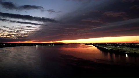 Aerial View of Intense Fire Sky Sunset Delaware River Stock Footage 170102071