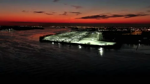 Aerial View of Intense Fire Sky Sunset Delaware River Stock Footage 170102073
