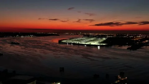 Aerial View of Intense Fire Sky Sunset Delaware River Stock Footage 170102083
