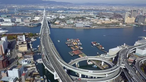 Aerial view interchange highway and overpass in city of Osaka City, Osaka. Stock Footage 104192006