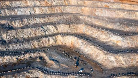 Aerial view of the interior of a deep stone quarry, large rocks Stock Photos
