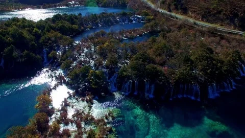 Aerial View of Interlaced Streams and Waterfalls in Jiuzhaigou Sichuan China 스톡 동영상 336884210