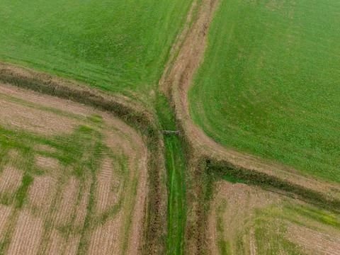 Aerial view of intersecting green fields and hedgerows in Cornwall Stock Photos