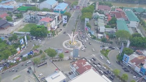 Aerial view of intersection of five in small city Stock Footage 113858450