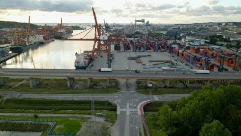 Aerial View Of Intersection Road Under Flyover Near Shipyard Seaport In Stock Footage 160518774