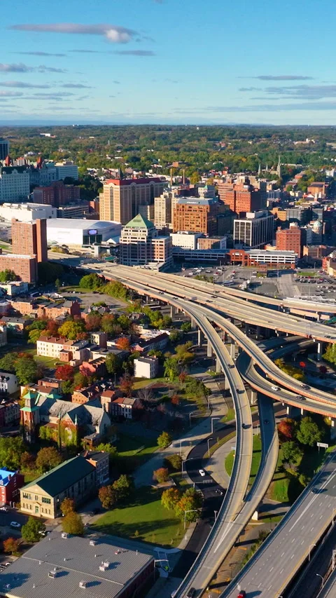 Aerial view of the Interstate 787 and South Mall Arterial interchange Stock Footage 291407514