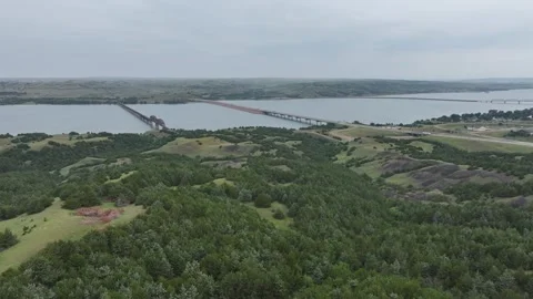 Aerial view of Interstate 90 bridge over Missouri River in South Dakota Stock Footage 344161936
