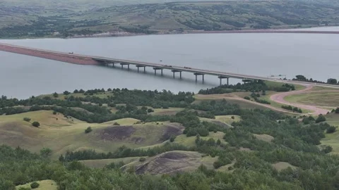 Aerial view of Interstate 90 bridge over Missouri River in South Dakota Stock Footage 344161938