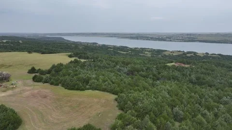 Aerial view of Interstate 90 bridge over Missouri River in South Dakota Stock Footage 344161941