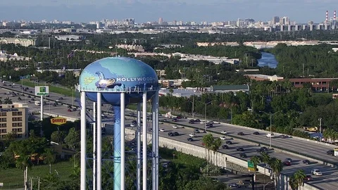 Aerial view Interstate 95 Hollywood water tower Florida Stock-Footage 80169702