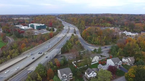 Aerial view of Interstate highway 476 Blue Route in Radnor Township, Villanova Stock Footage 81970316
