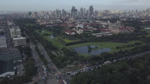 Aerial View Intramuros walled city and skyline,Manila,Philippines Stock Footage