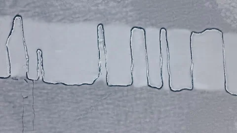 Aerial view of intricate pattern of cracks on the icy surface of a frozen lake Stock Footage 310219841