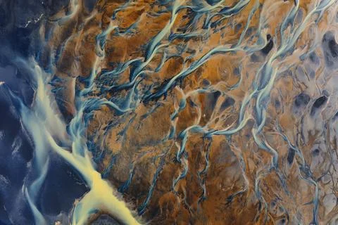 Aerial view of intricate river patterns in Iceland Stock Photos