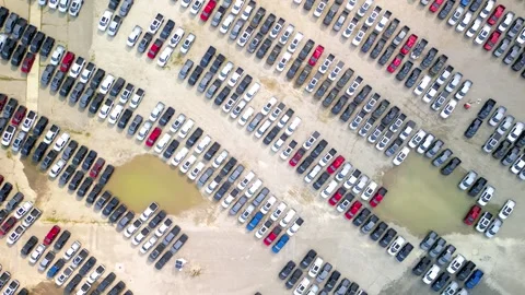 Aerial view of Inventory of large number of pick up trucks from production .. Stock Footage 313679439