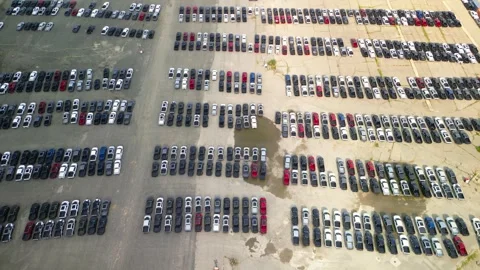 Aerial view of Inventory of pick up trucks from production in a yard in Det.. Stock Footage 291479814