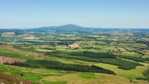 Aerial View of Irish Farmland with Patchwork Fields and Forests Under Clear Video stock 315770608