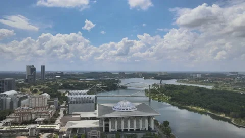 Aerial view of Iron Mosque and Lake in Putrajaya Stock Footage 147632832