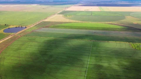 Aerial view of an irrigation machine in a green field Stock Footage 300844191