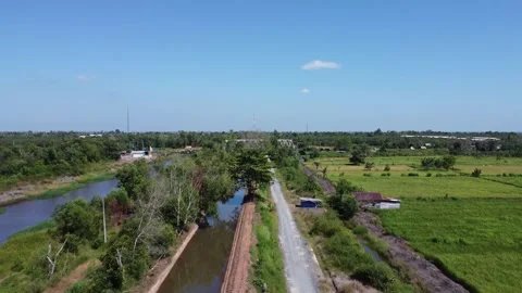 Aerial view of irrigation river flow, water inlet to flow water in agricult.. Stock Footage 317007566