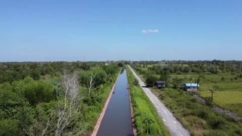 Aerial view of irrigation river flow, water inlet to flow water in agricult.. Stock Footage 317007653