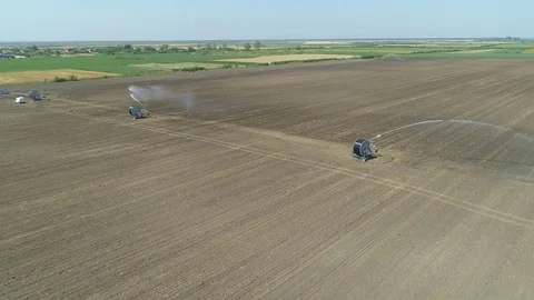 Aerial view on a irrigation system on the wheat field Video stock 78438866