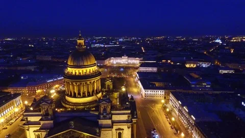 Aerial view to Isaakievsky cathedral in the night. Flyby. Stock Footage