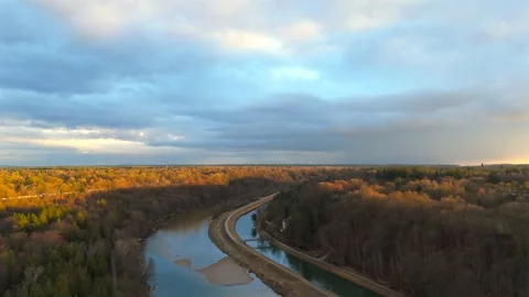 Aerial view of Isar River in Munich, Germany Upper Bavaria at sunset in sunny Stock Footage 270171748