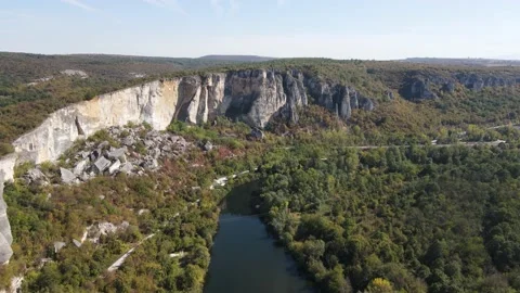 Aerial view of Iskar river, passing near village of Karlukovo, Bulgaria Stock Footage 218353177