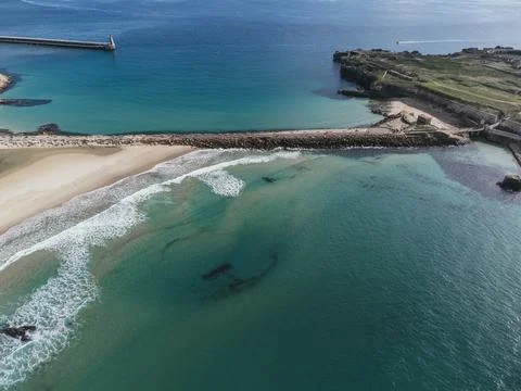 Aerial view of Isla de las Palomas Tarifa connecting Mediterranean and Atlant Stock Photos