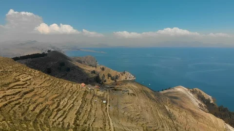 Aerial view of Isla del Sol in Lake Titicaca Stock Footage 124507635