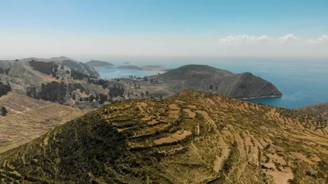 Aerial view of Isla del Sol in Lake Titicaca Stock Footage 124510240