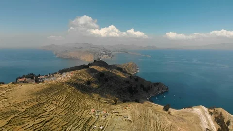 Aerial view of Isla del Sol in Lake Titicaca, Bolivia Stock Footage 124510888