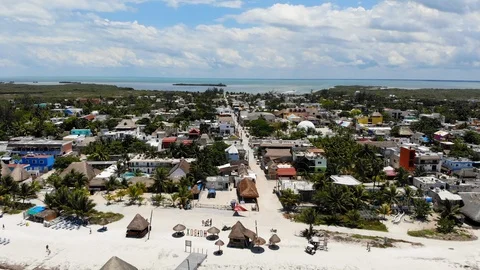 Aerial view of Isla Holbox town centre and main beach Stock Footage 93757364