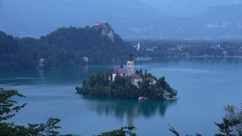 Aerial View on Island Bled in the Evening Stock Footage 80709120