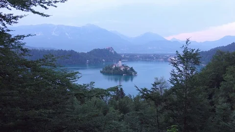 Aerial View on Island Bled at Sunset in the Julian Alps in Slovenia Stock Footage 80716813