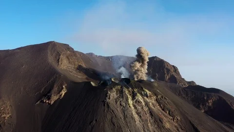 Aerial View Of The Island Of Stromboli With Erupting Craters Stock Footage