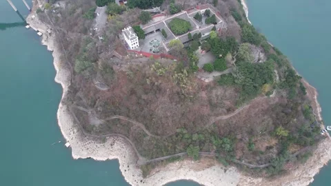 Aerial view of an island temple complex in a river in Chongqing China Video stock 342305575