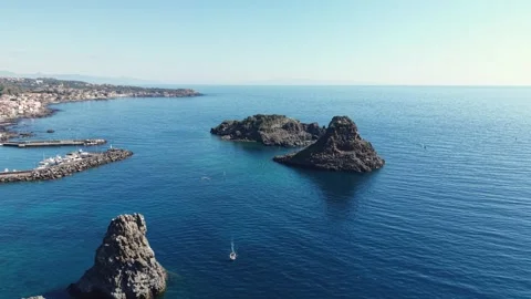 Aerial view of Islands of the Cyclops and the coastline, Italy. Stock Footage 336291677
