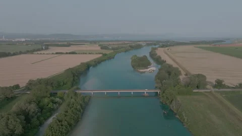Aerial view of the Isonzo River and bridge near San Canzian d'Isonzo Stockbeeldmateriaal 339733358