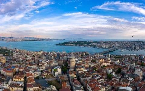An Aerial view of Istanbul Bosphorus with a cloudy sky. Stock Photos